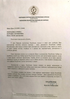 12. фебруар 2021. Честитка председника Народне скупштине Републике Српске Недељка Чубриловића поводом Дана државности